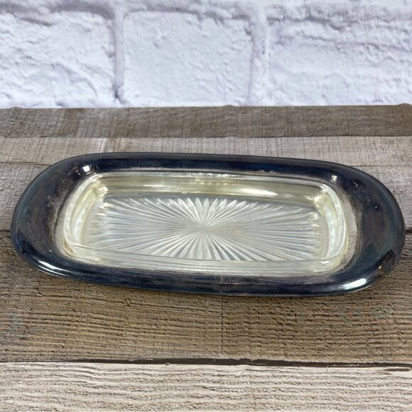 Wm Rogers Silver Plate MCM Covered Butter Dish Starburst Glass Insert Lid VTG - Picture 7 of 14